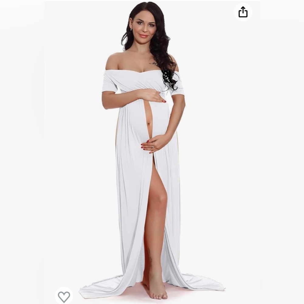 Maternity Off Shoulder Wrap Ruched Grown Split Front Maxi Photography Dress